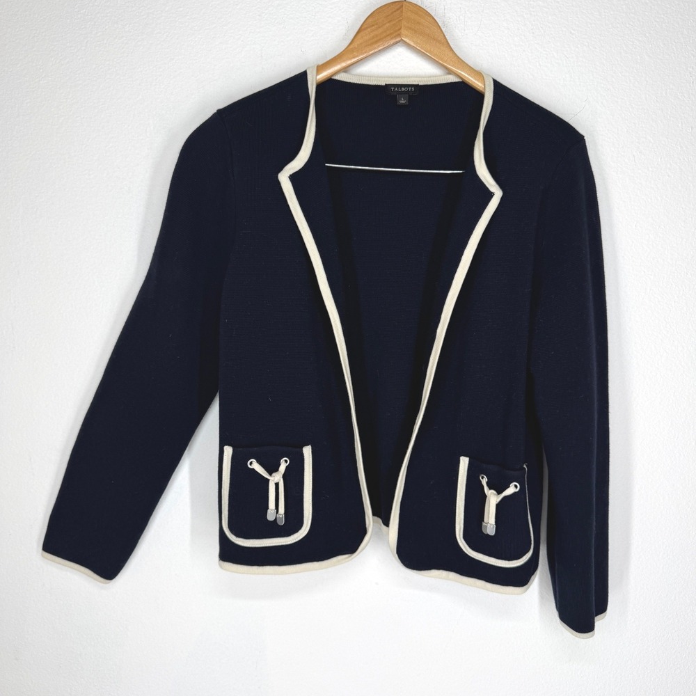 Talbots Navy Blue Open Front Cardigan Sweater Blazer Cream Trim‎ Nautical Large